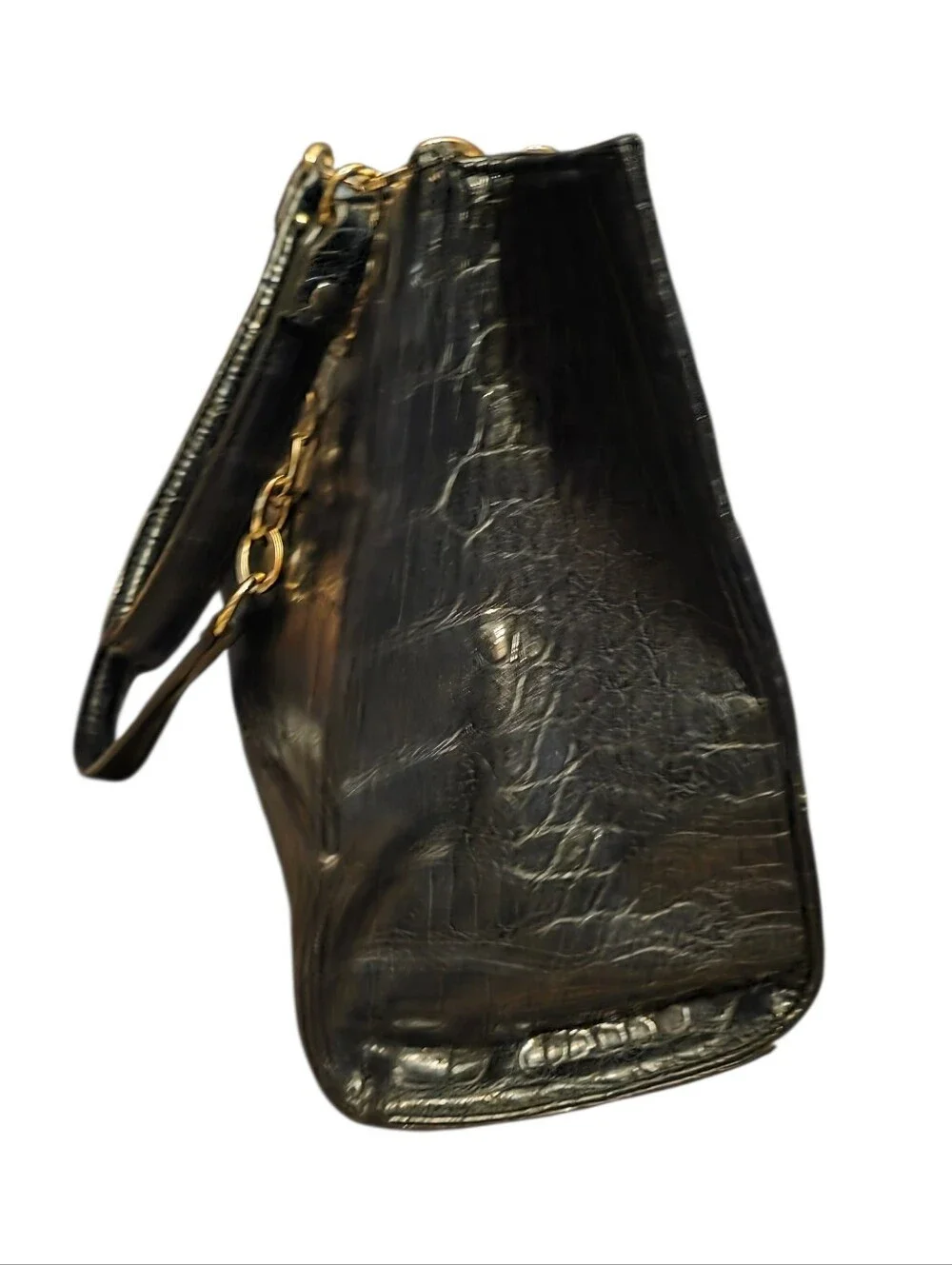 Anne Klein Black Faux Croc-Embossed Tote with Gold Hardware Charm